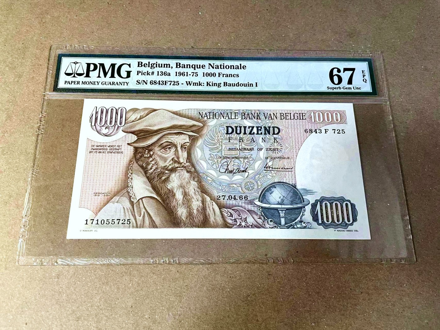 【Blue Auction】✨世界纸币精拍第457期【精】 比利时 1961-75年1000法郎 PMG67EPQ 高分 大力神