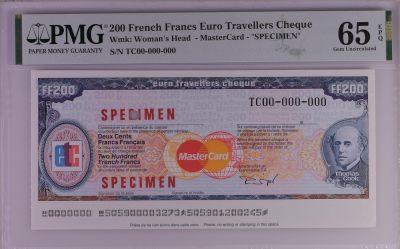 PMG美元专场 - 美国运通旅行支票票样200 French Francs Euro Travellers Cheque Wmk: Woman's Head