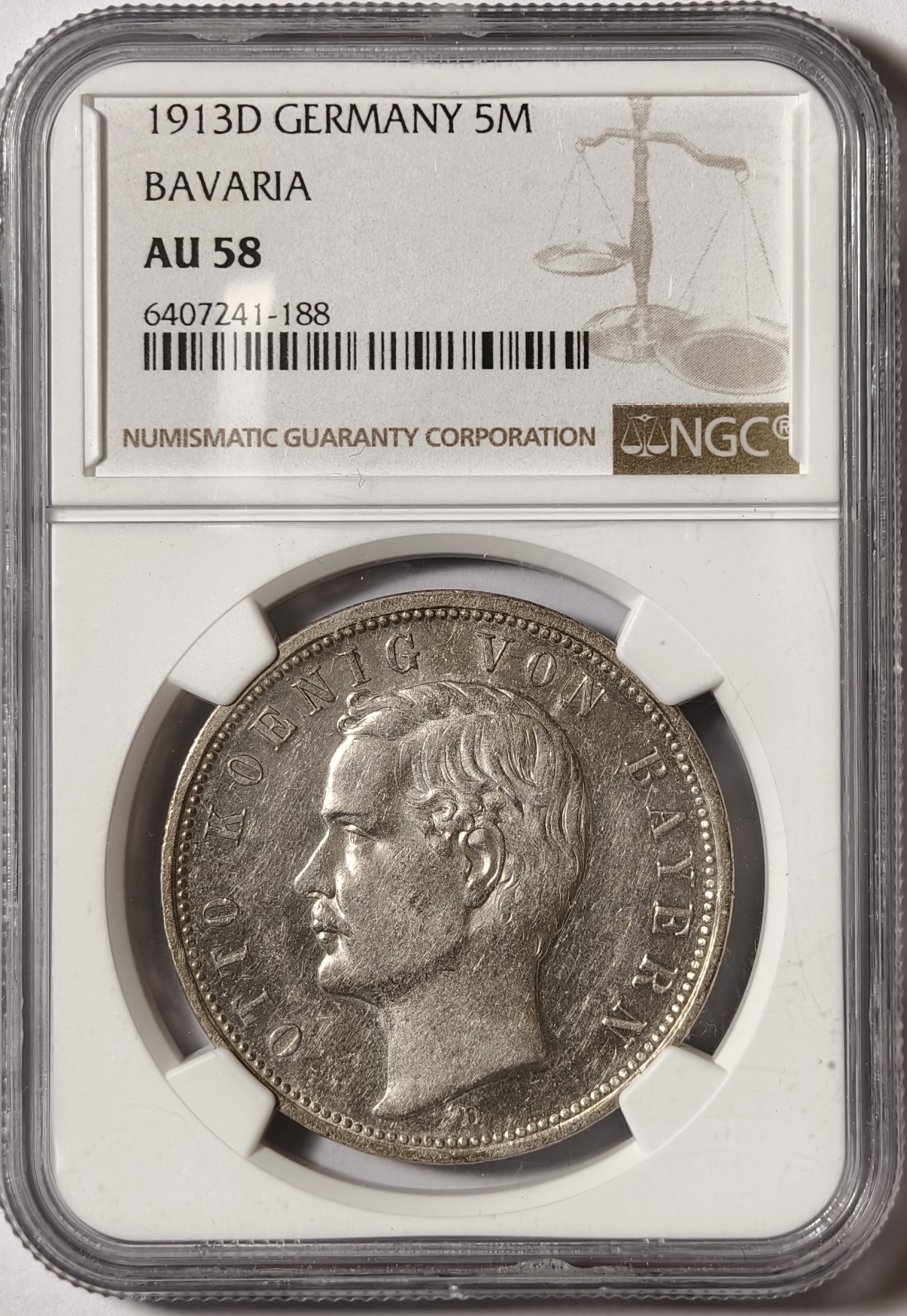 紫瑗钱币——第346期拍卖 德国 巴伐利亚 1913年 奥拓国王 5马克 银币 NGC AU58