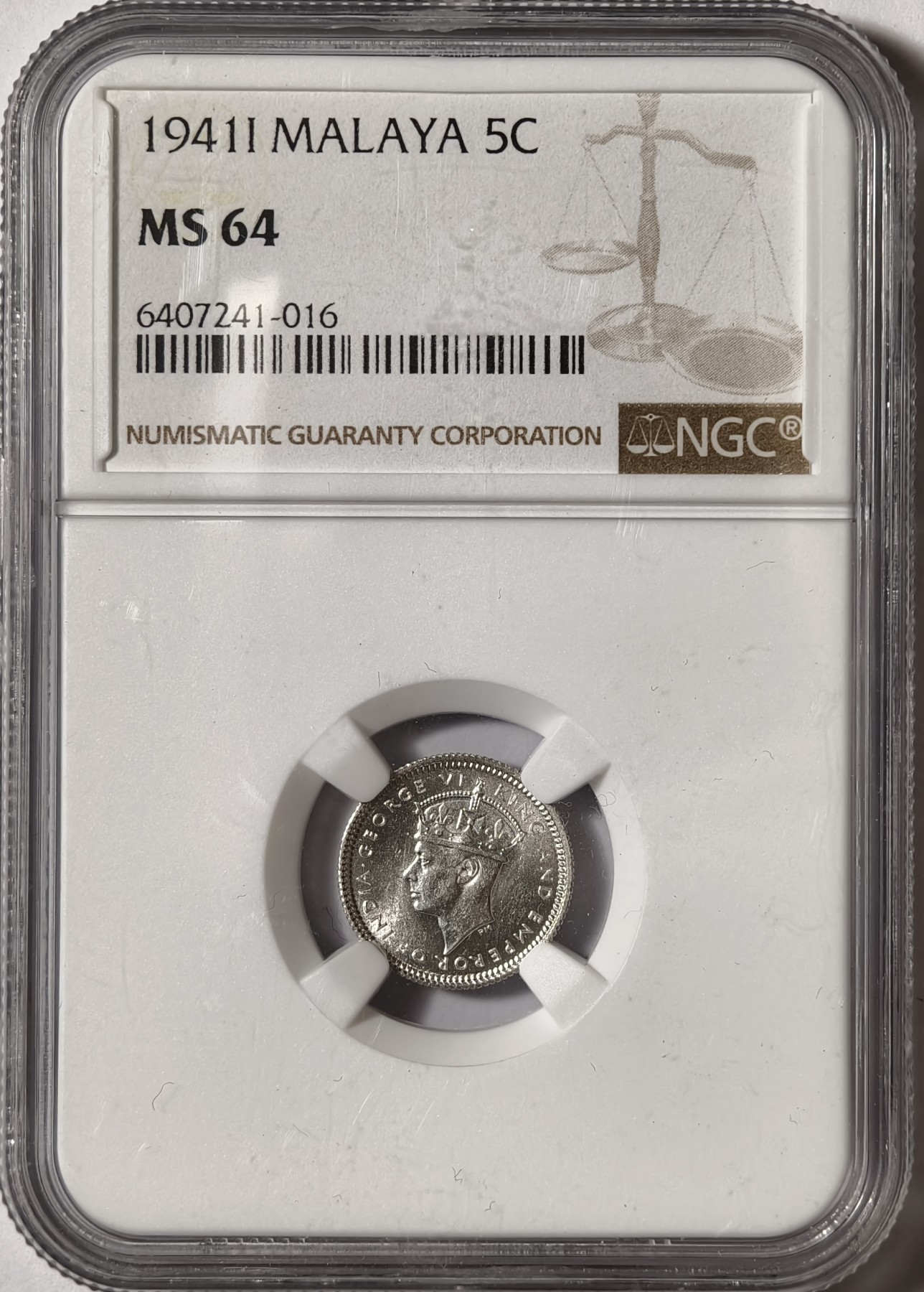 紫瑗钱币——第334期拍卖 马来亚 1941年 i版 乔治六世 5分 银币 NGC MS64