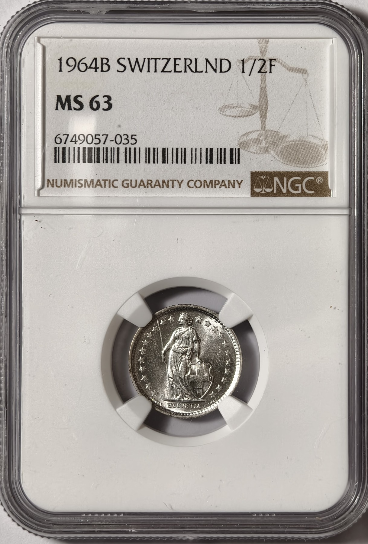 紫瑗钱币——第334期拍卖 瑞士 1964年 赫尔维蒂亚 1/2法郎 银币 NGC MS63