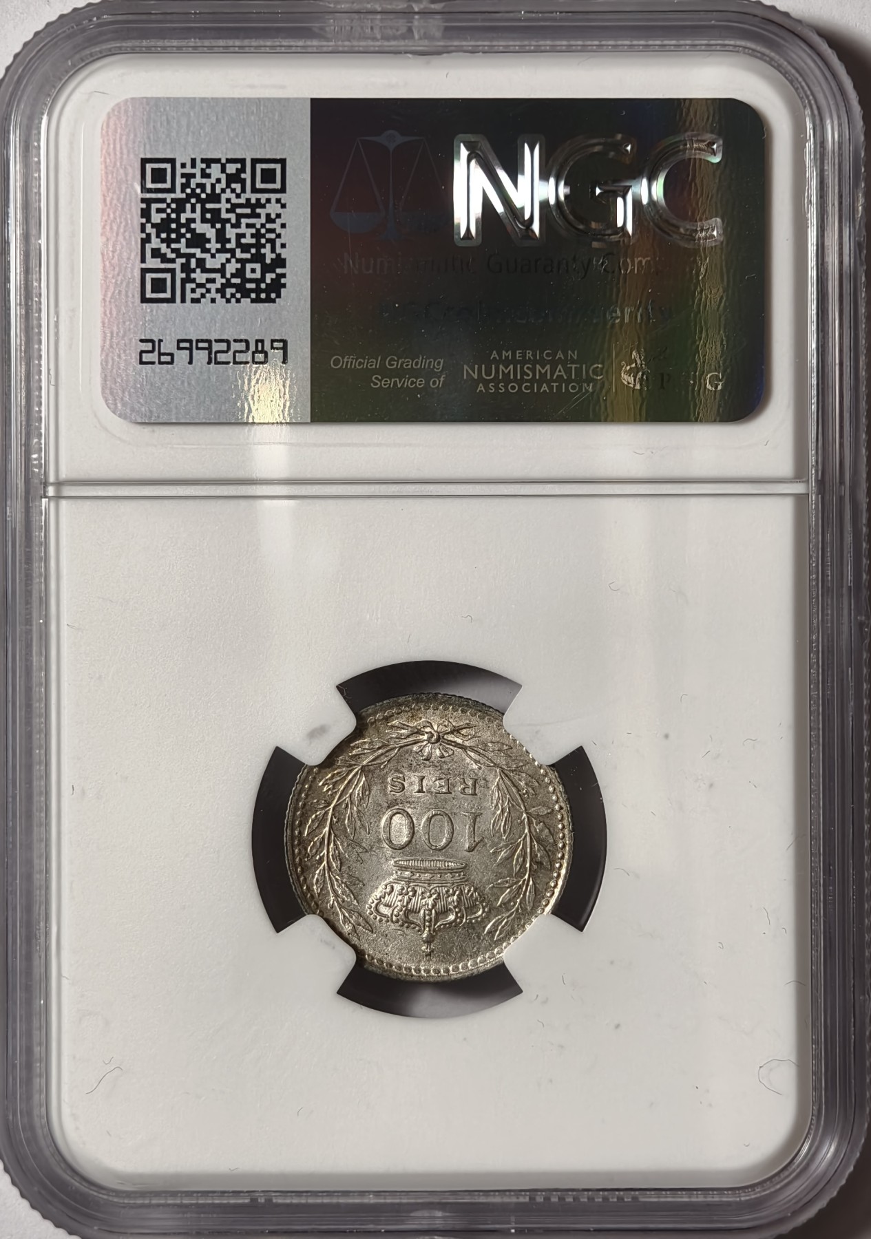 紫瑗钱币——第334期拍卖 葡萄牙 1910年 曼努埃尔二世 100瑞斯 银币 NGC MS62