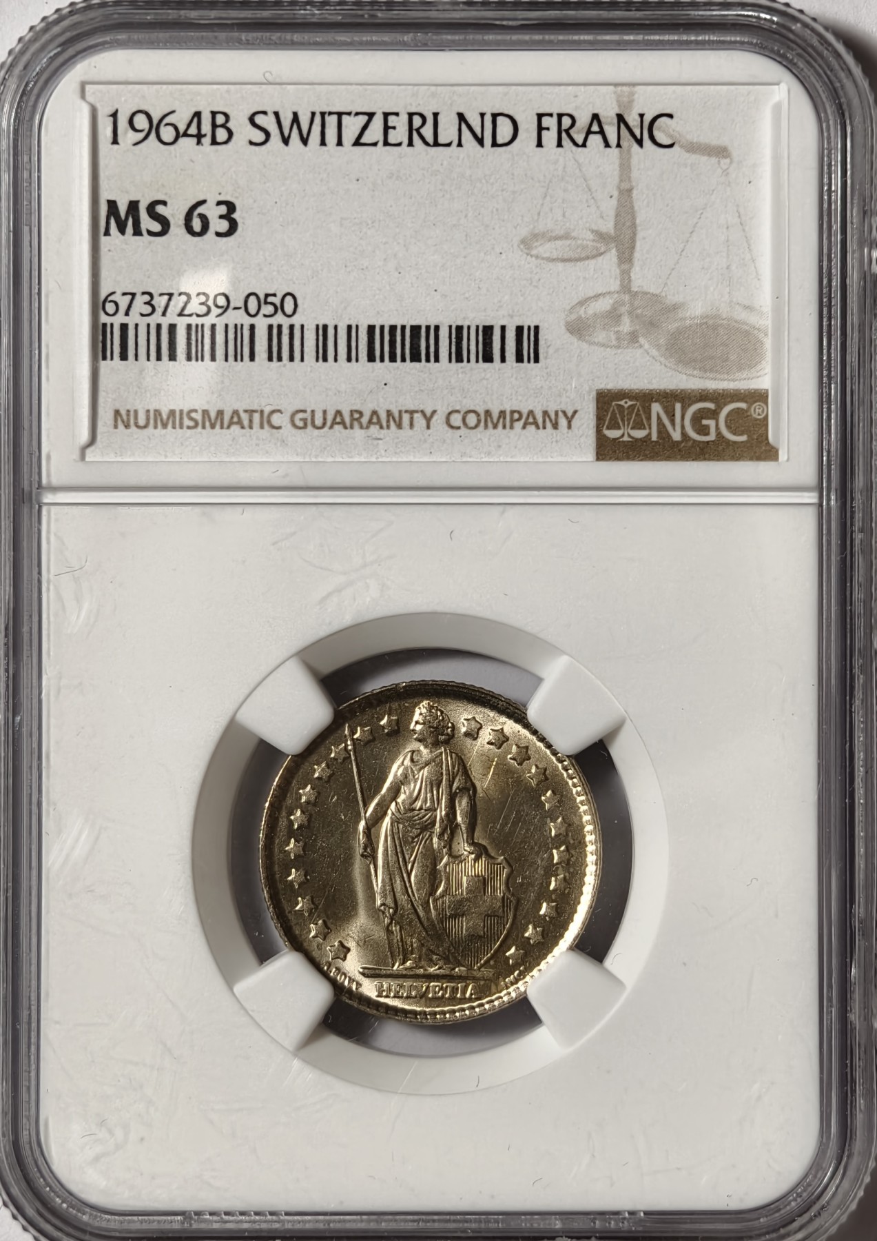 紫瑗钱币——第334期拍卖 瑞士 1964年 赫尔维蒂亚 1法郎 银币 NGC MS63