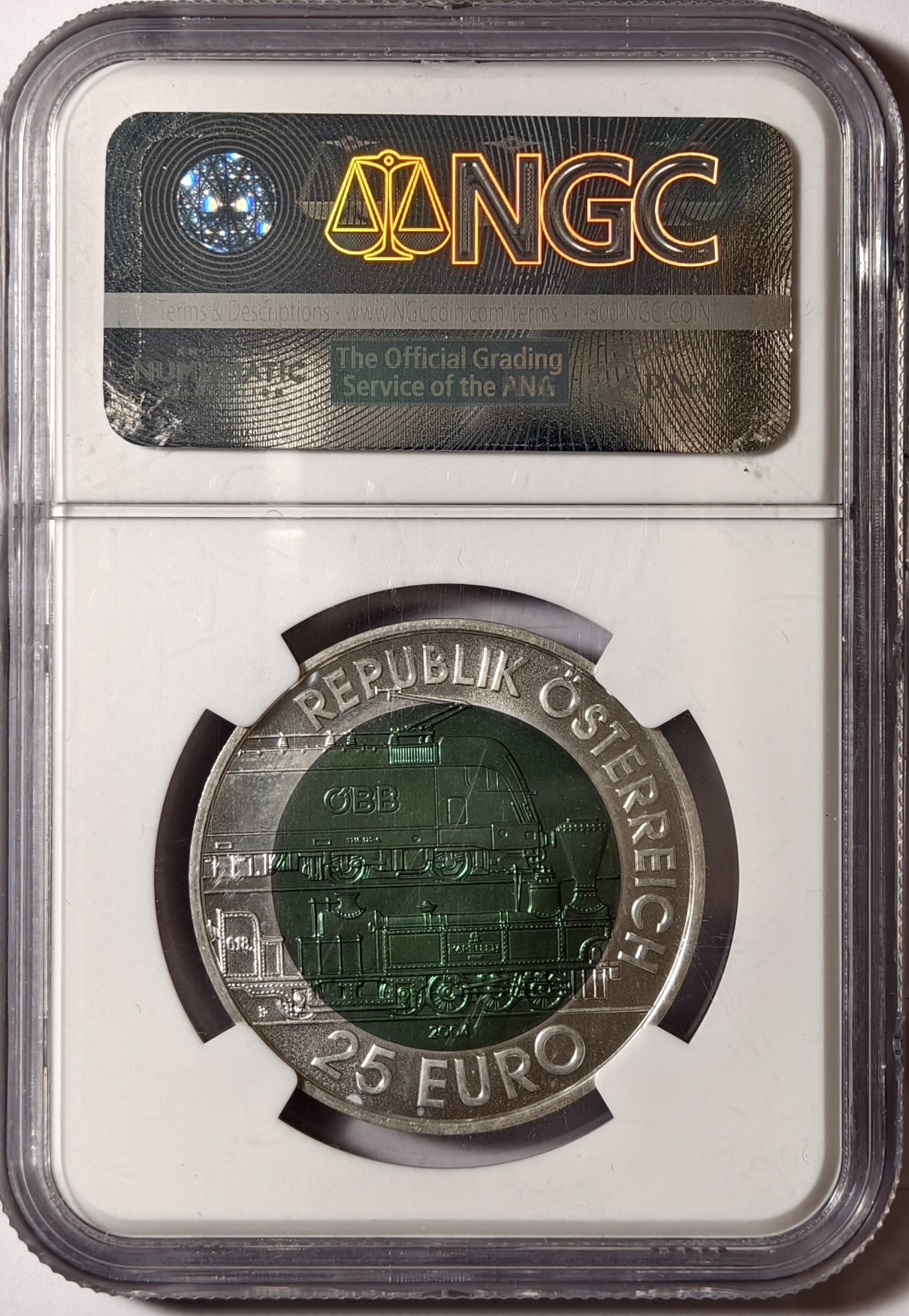 紫瑗钱币——第334期拍卖 奥地利 2004年 森梅林格铁路 150周年 铌银双色纪念币 NGC MS68