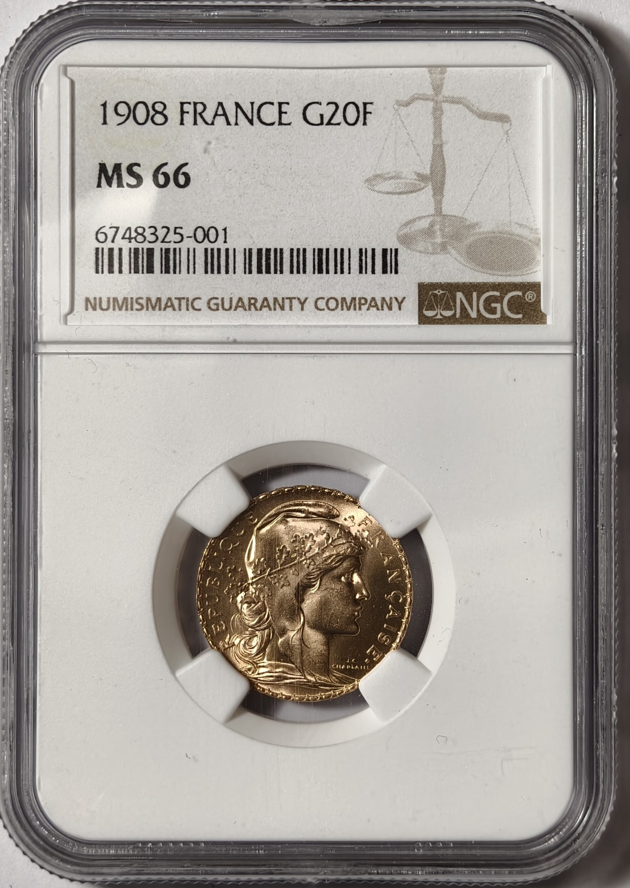 紫瑗钱币——第334期拍卖 法国 1908年 公鸡 20法郎 6.45克 0.9金 NGC MS66