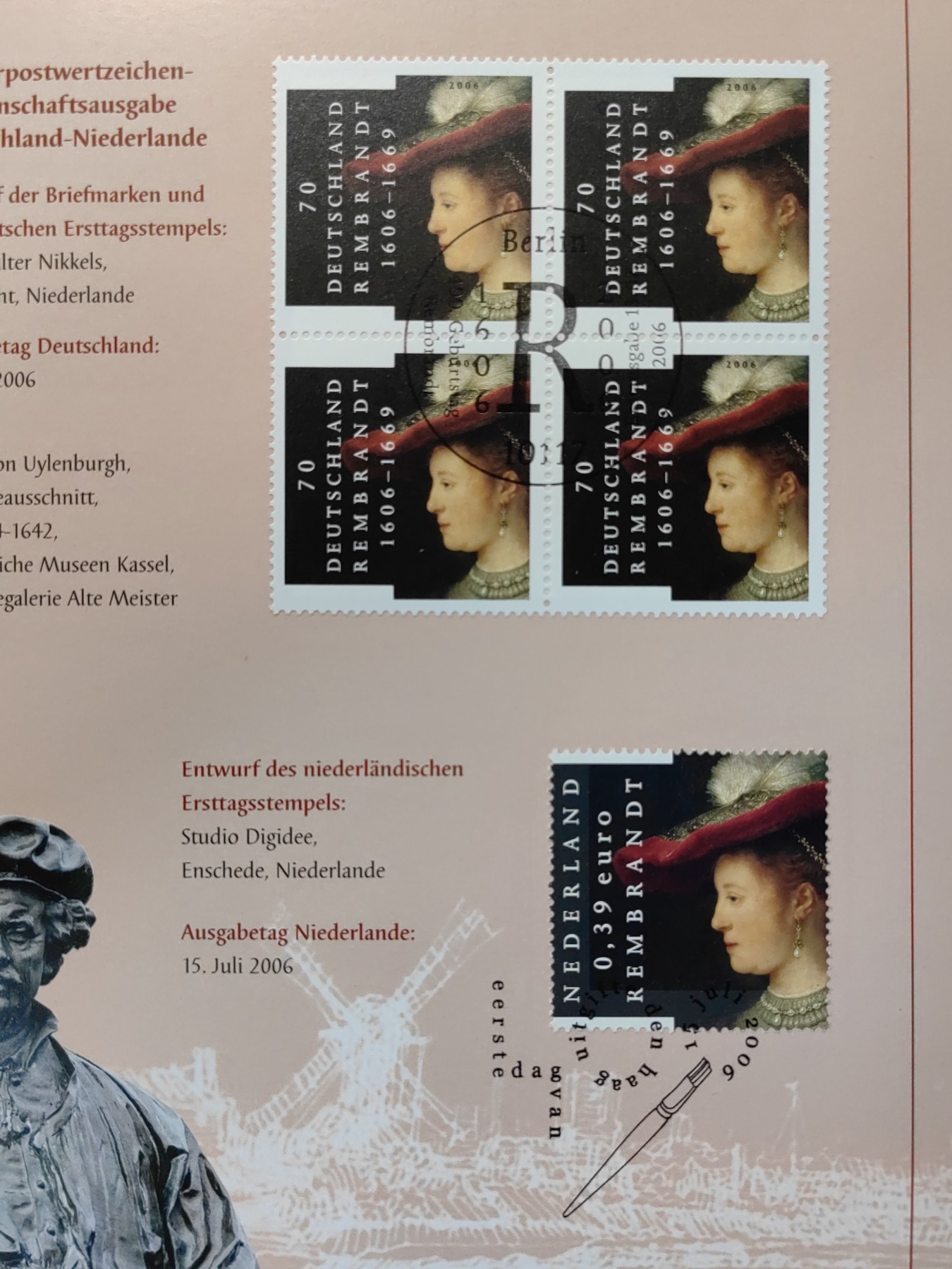 邮折✌（拍卖专场）精品🔥专场 第60场 德国2006年 与荷兰联合发行 伦勃朗名画 莎斯姬亚像