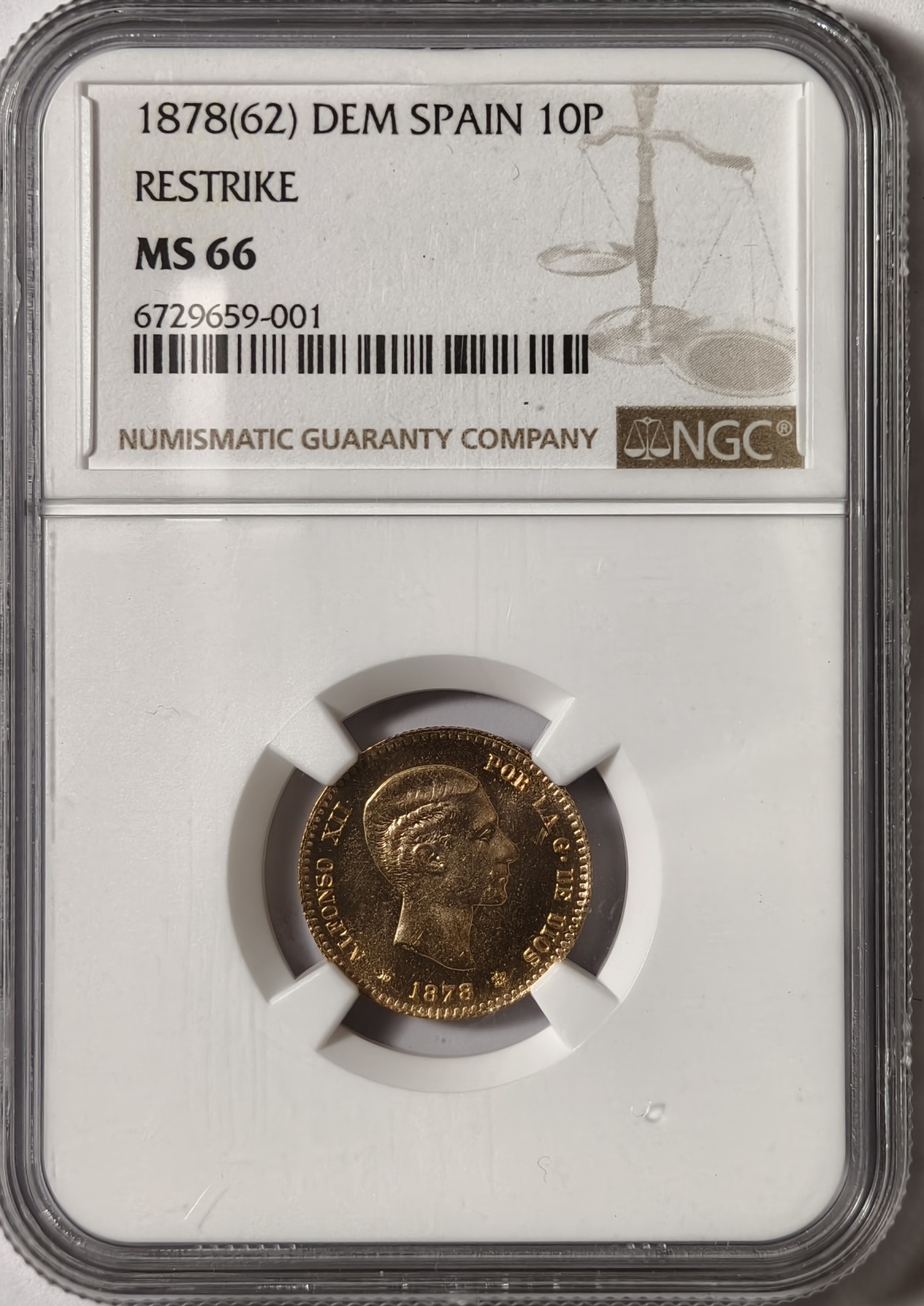 紫瑗钱币——第334期拍卖 西班牙 1878年 阿方索十二世 10比塞塔 3.26克 金币 NGC MS66