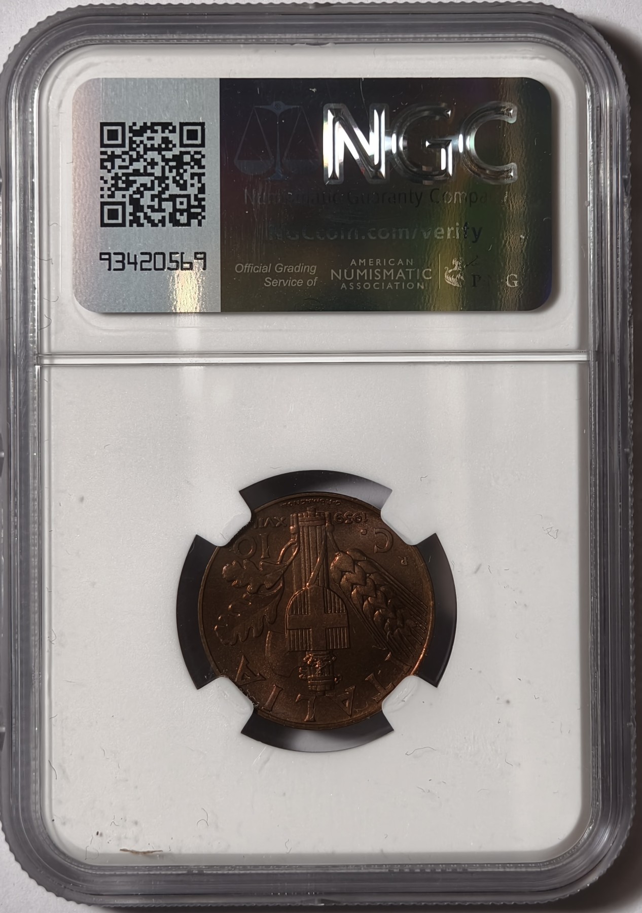 紫瑗钱币——第334期拍卖 意大利 1939年 伊曼纽埃三世 10分 铜币 NGC MS64 RB