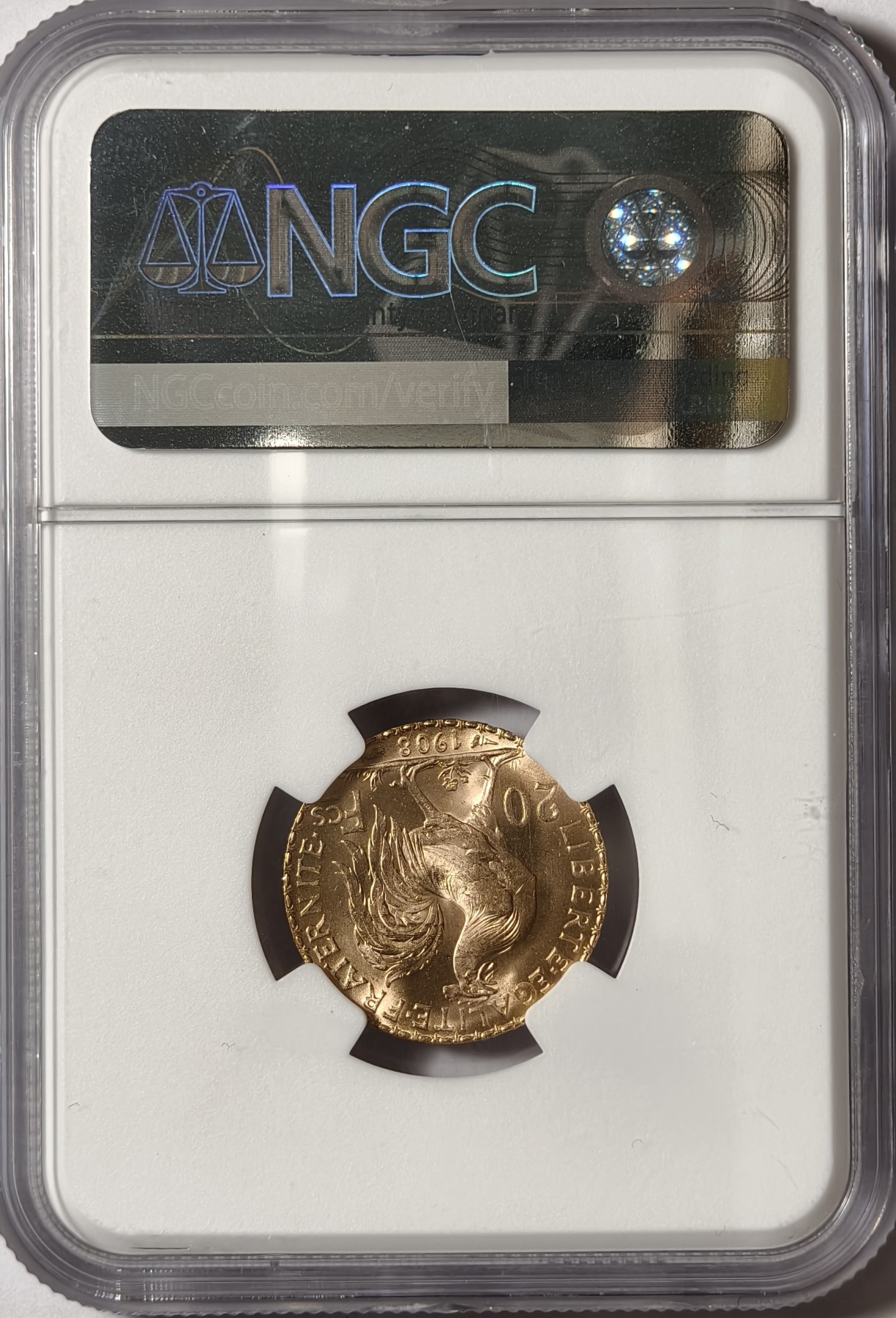 紫瑗钱币——第334期拍卖 法国 1908年 公鸡 20法郎 6.45克 0.9金 NGC MS66