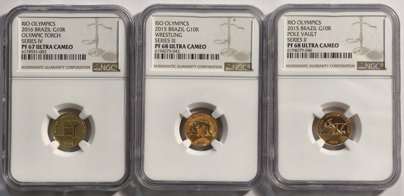 紫瑗钱币——第334期拍卖 【3枚全套】巴西 2016年 里约热内卢奥运会 奥运火炬 10雷亚尔 共13.2克 金币 NGC PR67 PR68 UC