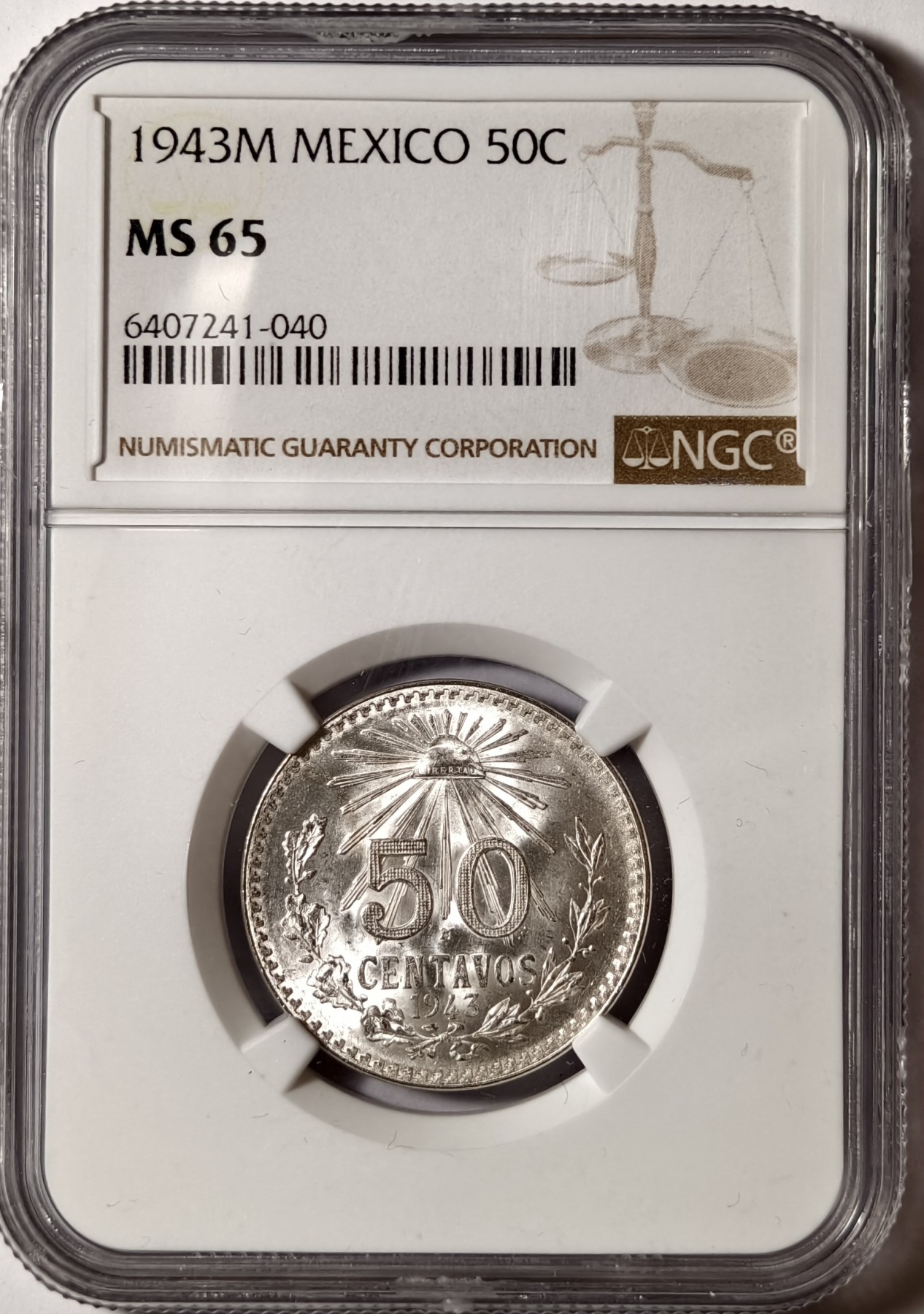 紫瑗钱币——第334期拍卖 墨西哥 1945年 M版 鹰洋 50分 银币 NGC MS65