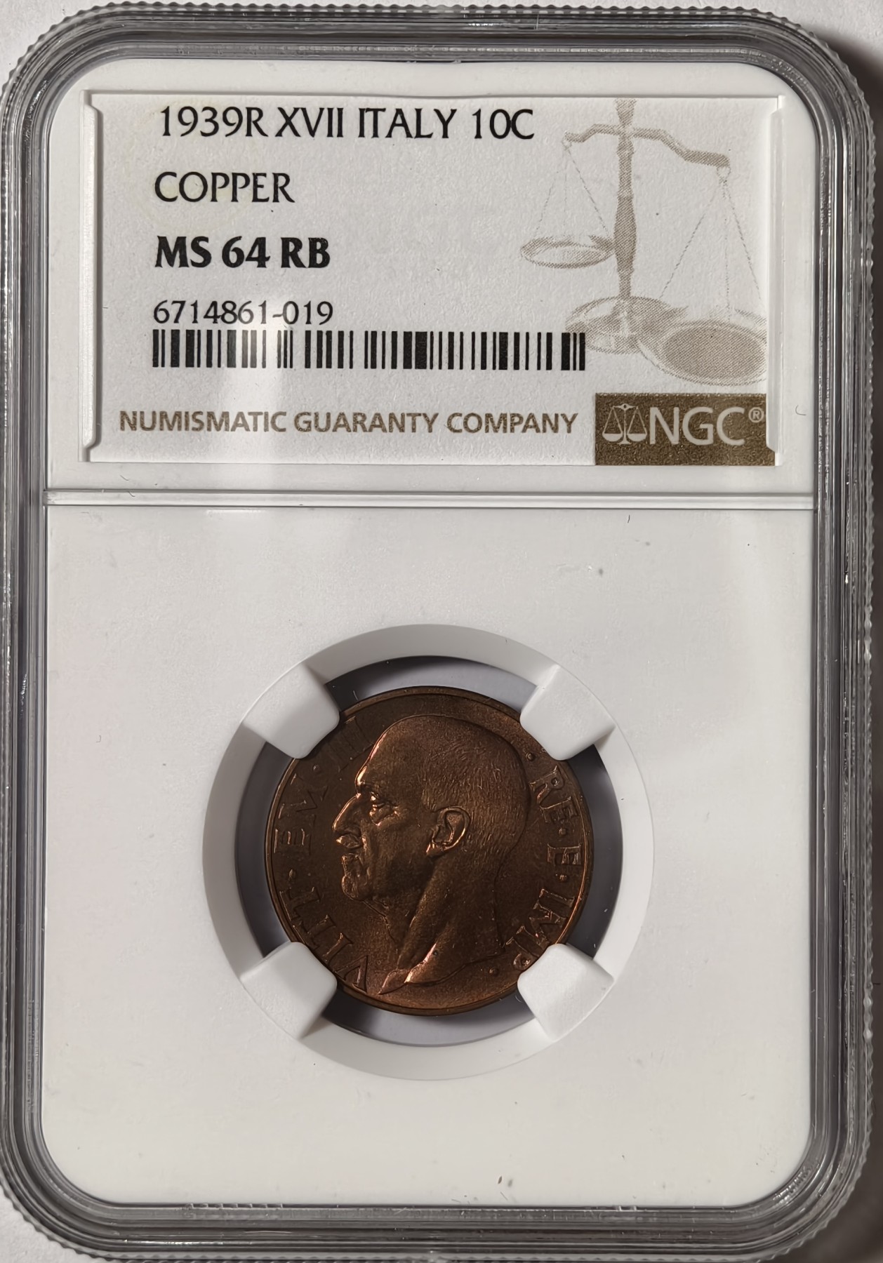 紫瑗钱币——第334期拍卖 意大利 1939年 伊曼纽埃三世 10分 铜币 NGC MS64 RB