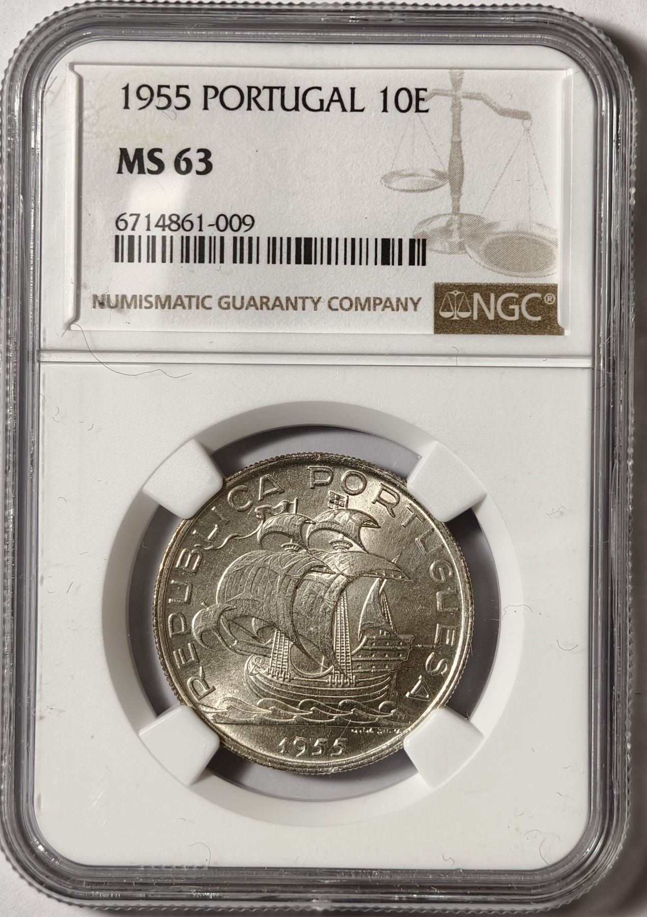 紫瑗钱币——第458期 葡萄牙 1955年 帆船 10埃斯库多 银币 NGC MS63