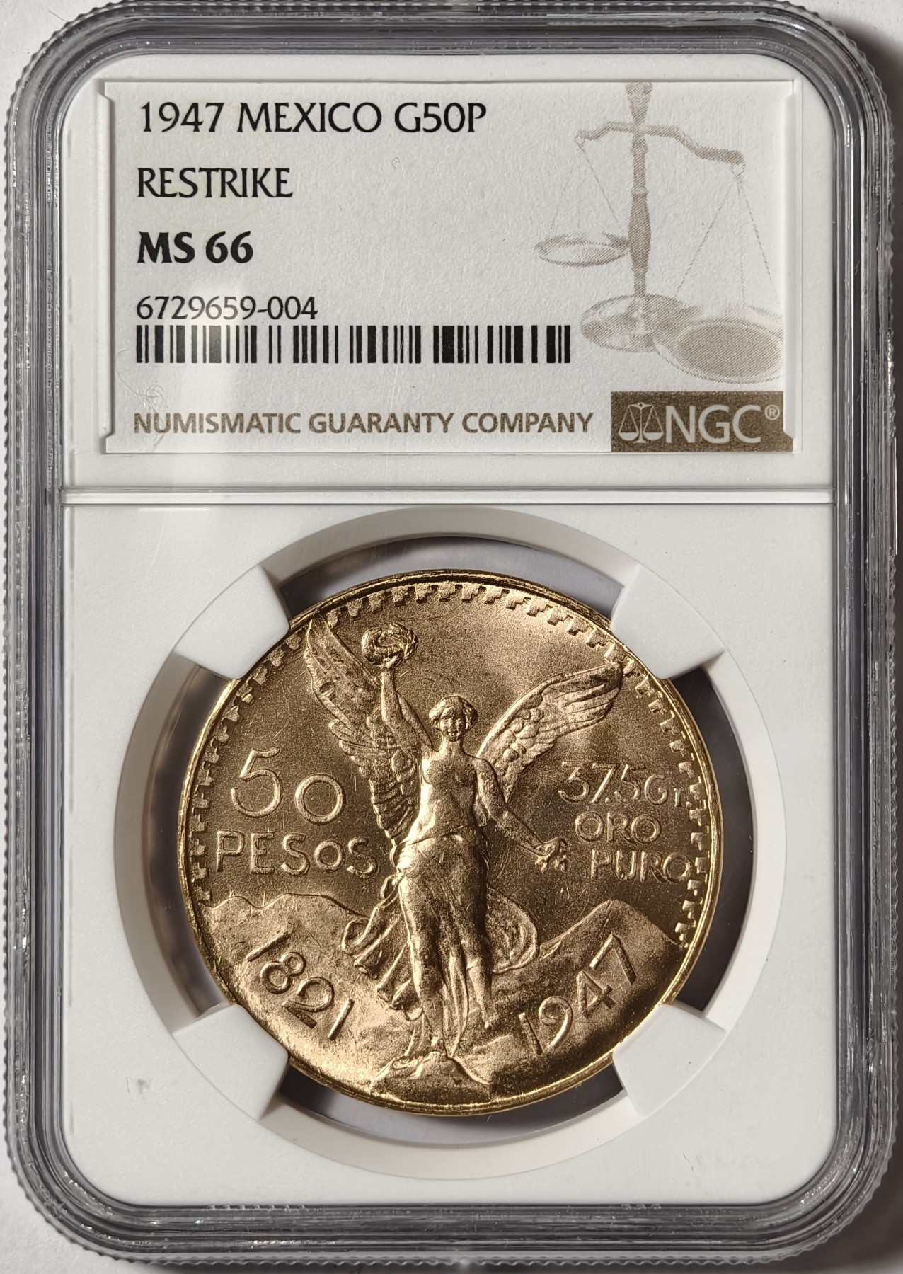 紫瑗钱币——第334期拍卖 【高分】墨西哥 1947年 自由女神 50比索 41.66克 金币 NGC MS66 