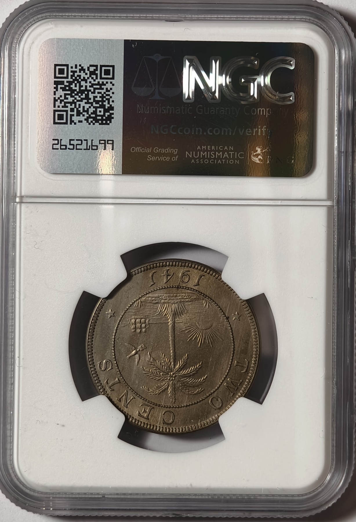 紫瑗钱币——第334期拍卖 利比里亚 1941年 大象 2分 铜币 NGC MS63