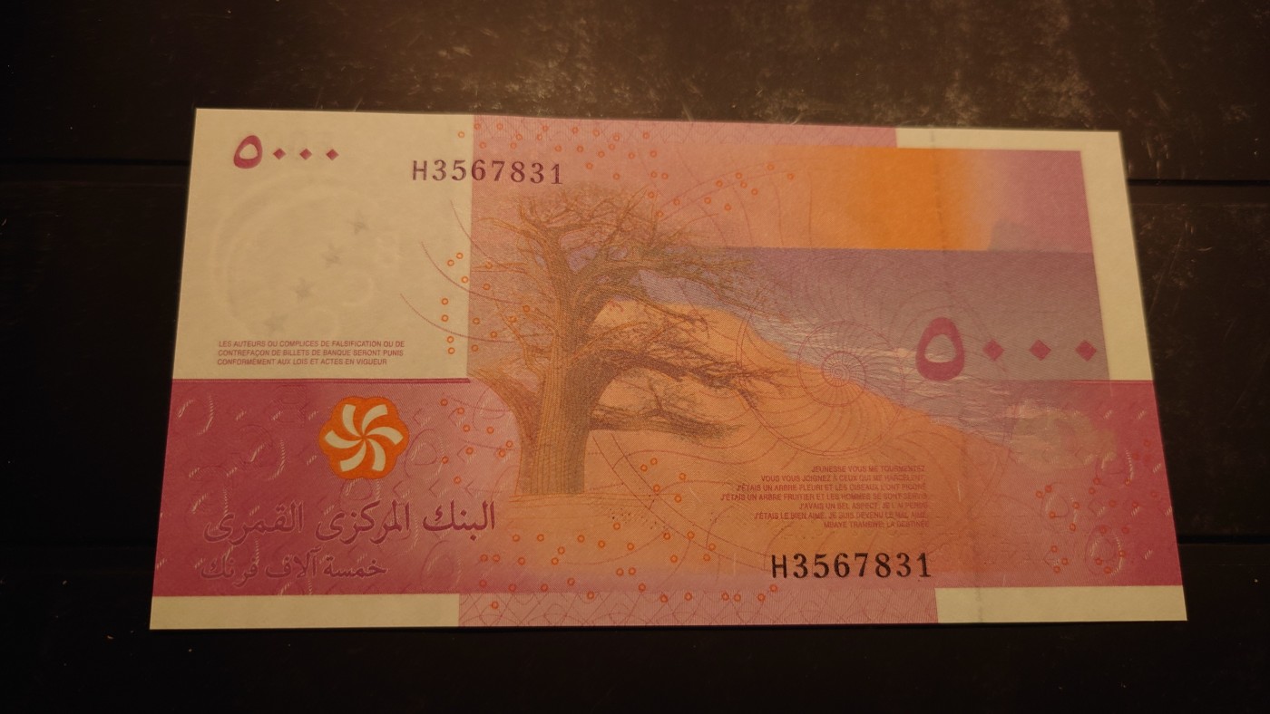 【世界钱币】精选微拍第100期暨2024年第11期  部分卖剩裸钞和评级币展销 2006年科摩罗5000 全新绝品无4 尾号7831