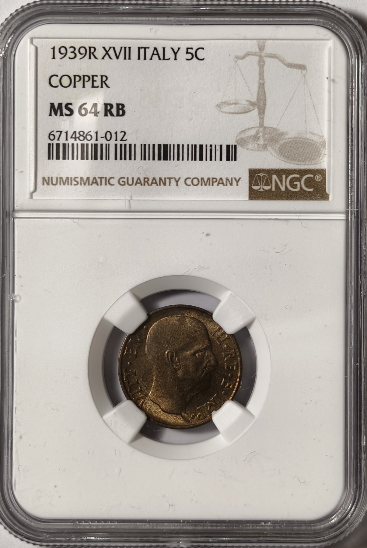 紫瑗钱币——第334期拍卖 意大利 1939年 伊曼纽尔三世 5分 铜币 NGC MS64 RB