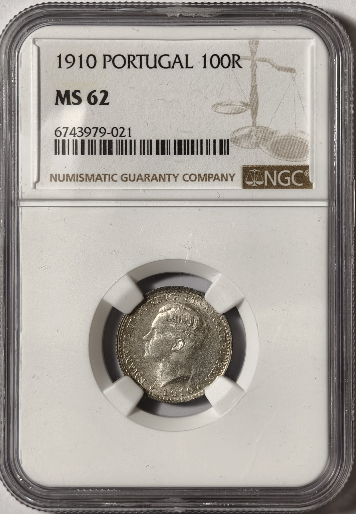 紫瑗钱币——第334期拍卖 葡萄牙 1910年 曼努埃尔二世 100瑞斯 银币 NGC MS62