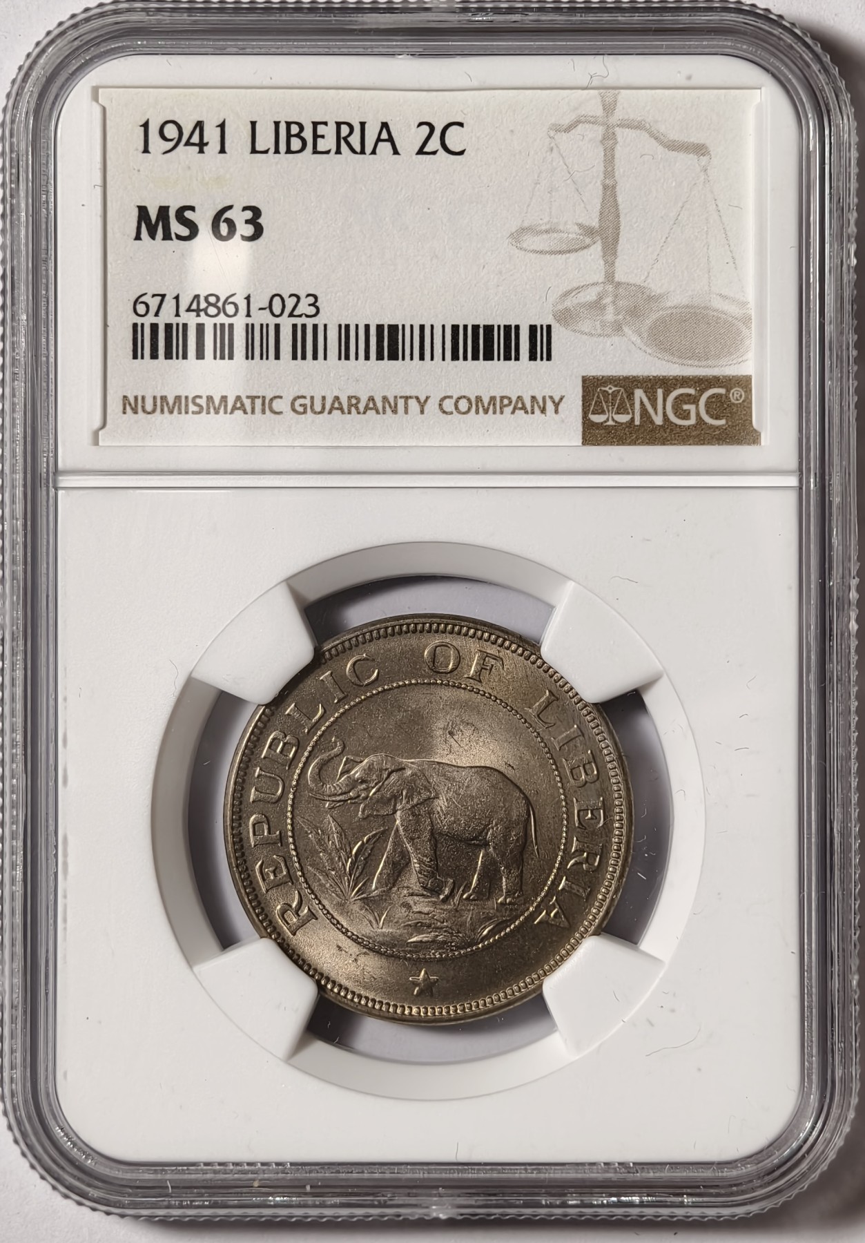 紫瑗钱币——第334期拍卖 利比里亚 1941年 大象 2分 铜币 NGC MS63
