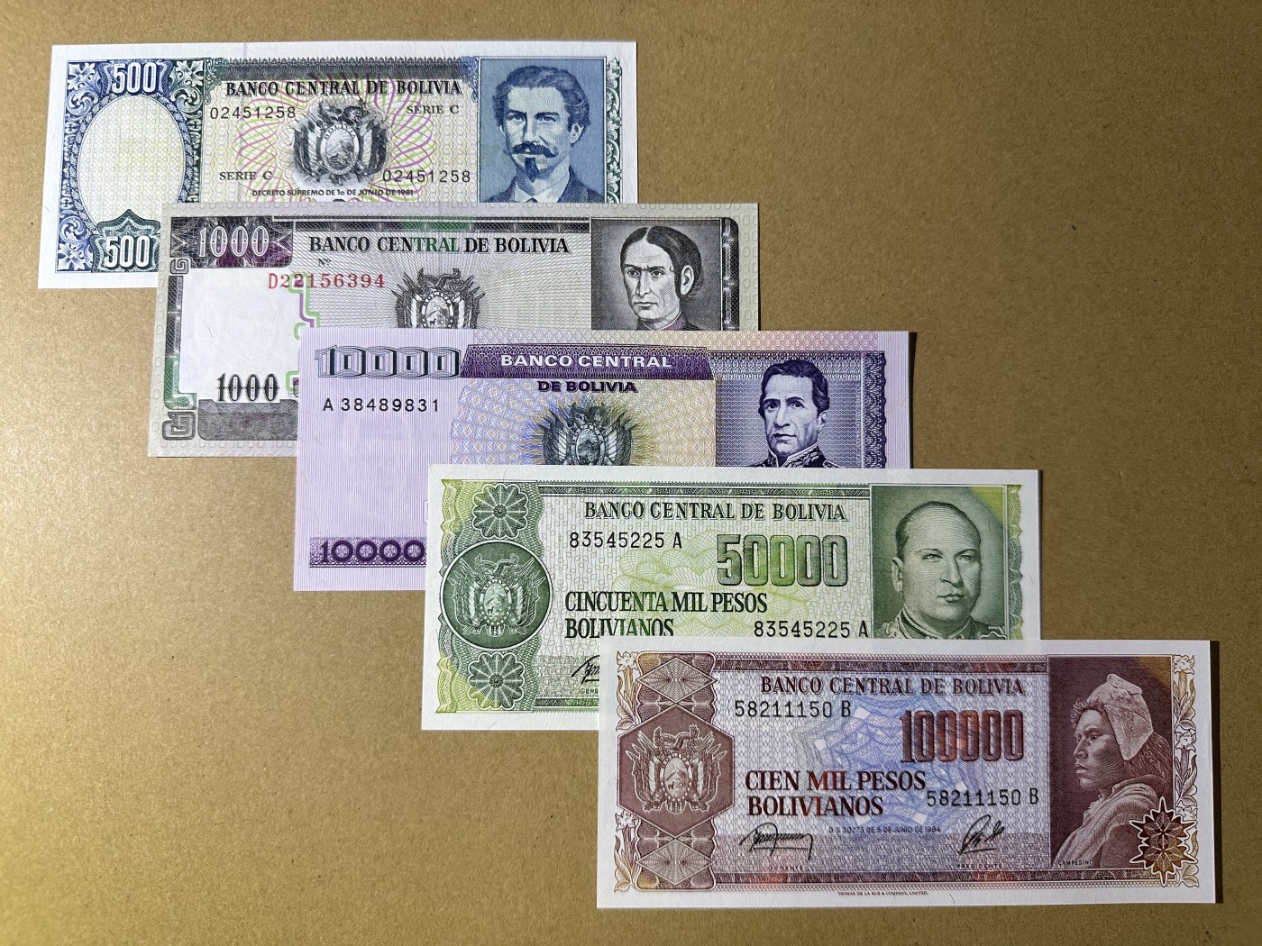 《张总收藏》144期-外币精品汇 玻利维亚500-100000玻利瓦尔5张 UNC 80年代版本