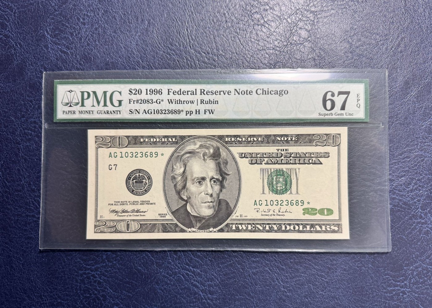收藏联盟Quantum Auction 第336期拍卖  美国联邦储备1996年20元星补号  PMG67 号码无457 经典一代壳 首版大头