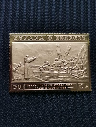 道一币馆币章第五十二场 - 西班牙邮政发行美洲探索系列-1492年8月2日哥伦布出发 50分 925银镀金邮票