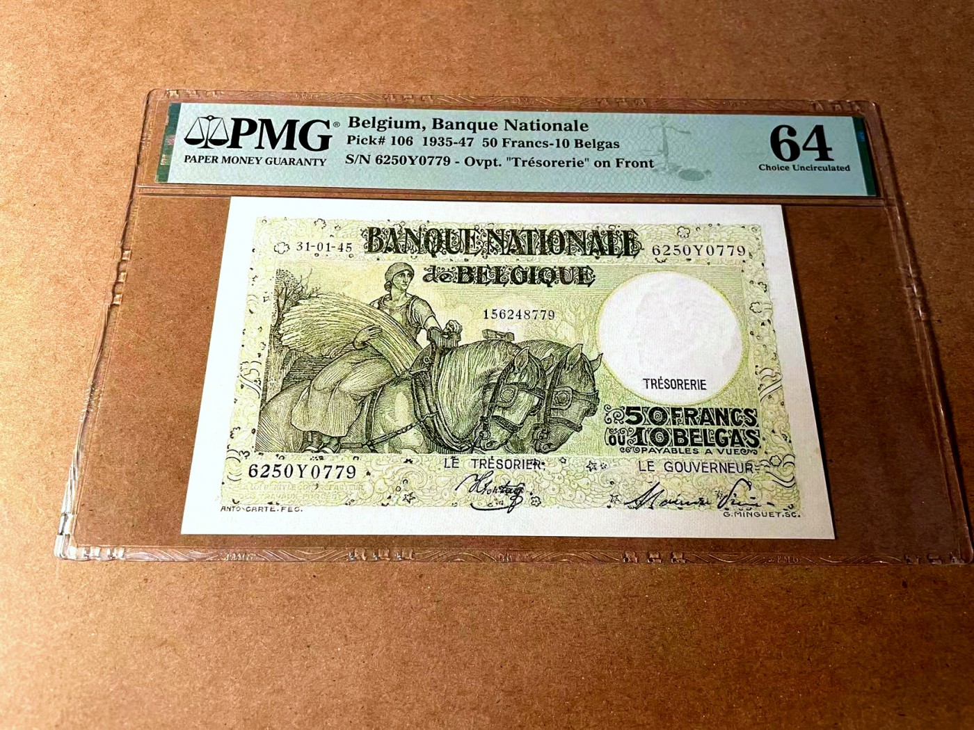 【Blue Auction】✨世界纸币精拍第458期——周六畅拍场 比利时 1945年50法郎 PMG64