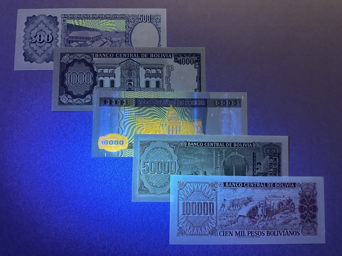 《张总收藏》144期-外币精品汇 玻利维亚500-100000玻利瓦尔5张 UNC 80年代版本