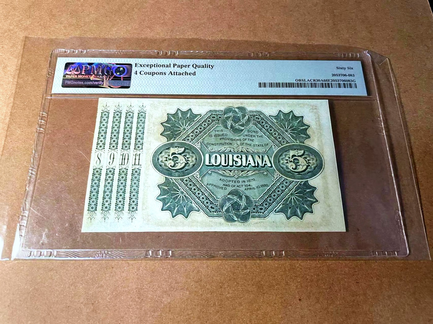 【Blue Auction】✨世界纸币精拍第458期——周六畅拍场 美国 路易斯安那州 1870年代5美金 PMG66EPQ baby bond