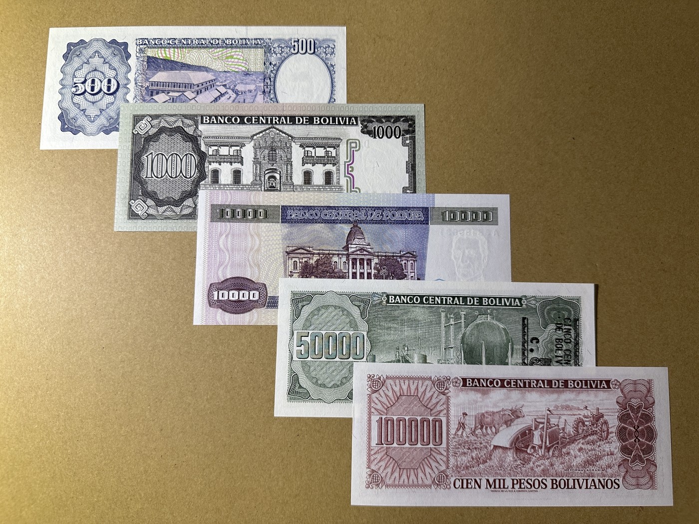 《张总收藏》144期-外币精品汇 玻利维亚500-100000玻利瓦尔5张 UNC 80年代版本