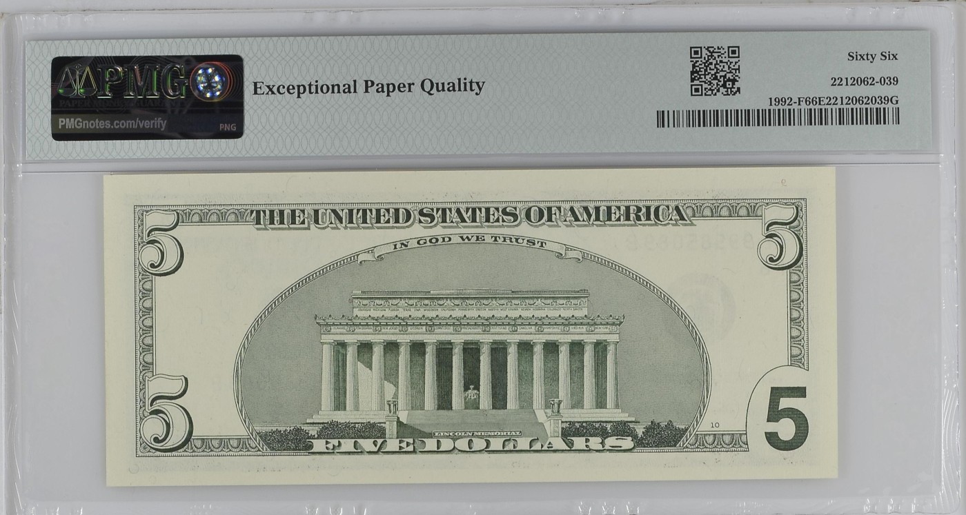 收藏联盟Quantum Auction 第336期拍卖  美国联邦储备2006年5元  PMG66 号码无347 豹子号开头