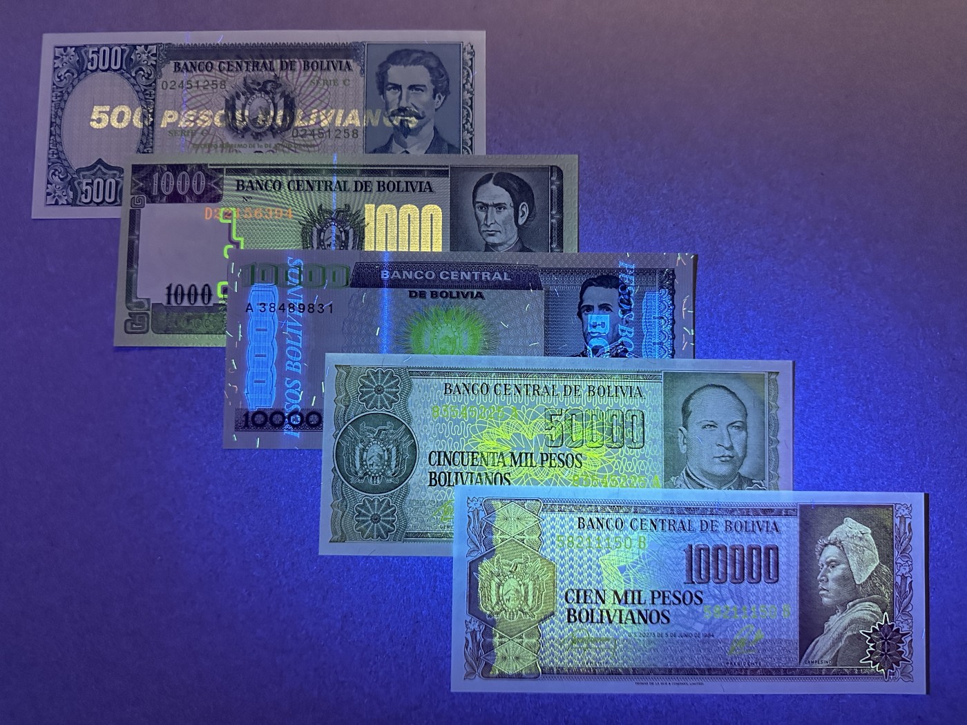 《张总收藏》144期-外币精品汇 玻利维亚500-100000玻利瓦尔5张 UNC 80年代版本