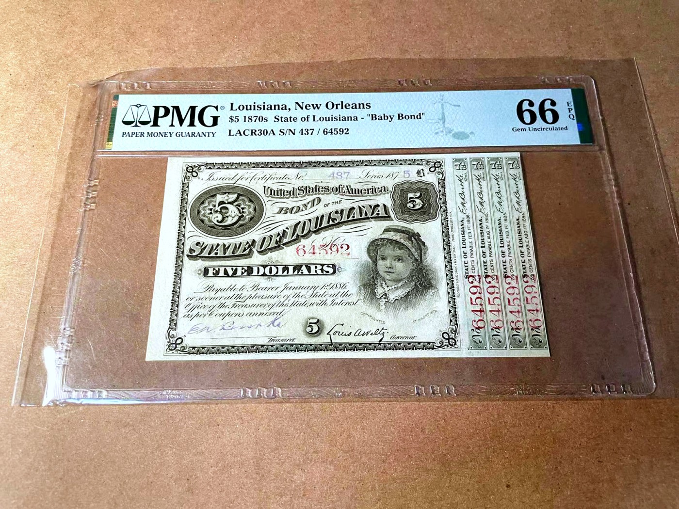 【Blue Auction】✨世界纸币精拍第458期——周六畅拍场 美国 路易斯安那州 1870年代5美金 PMG66EPQ baby bond