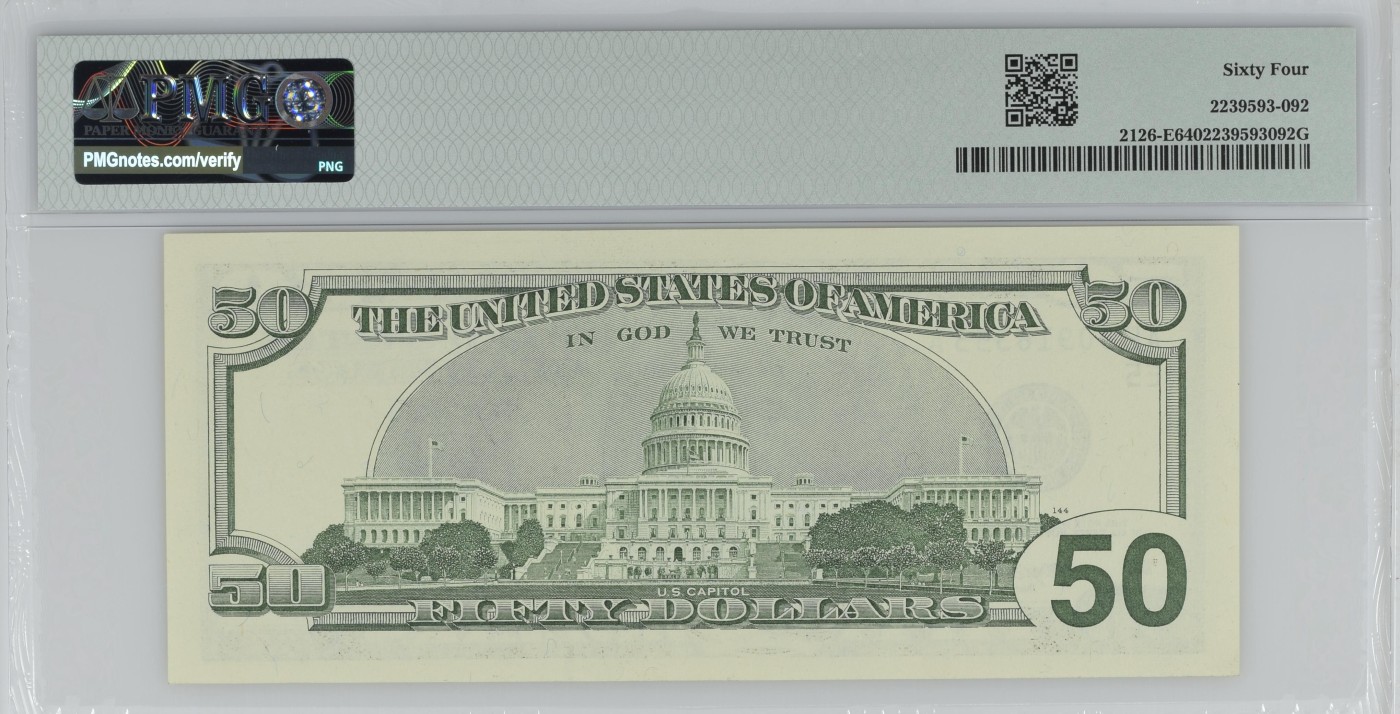 收藏联盟Quantum Auction 第336期拍卖  美国联邦储备1996年50元 PMG64 首版大头美金 号码无47