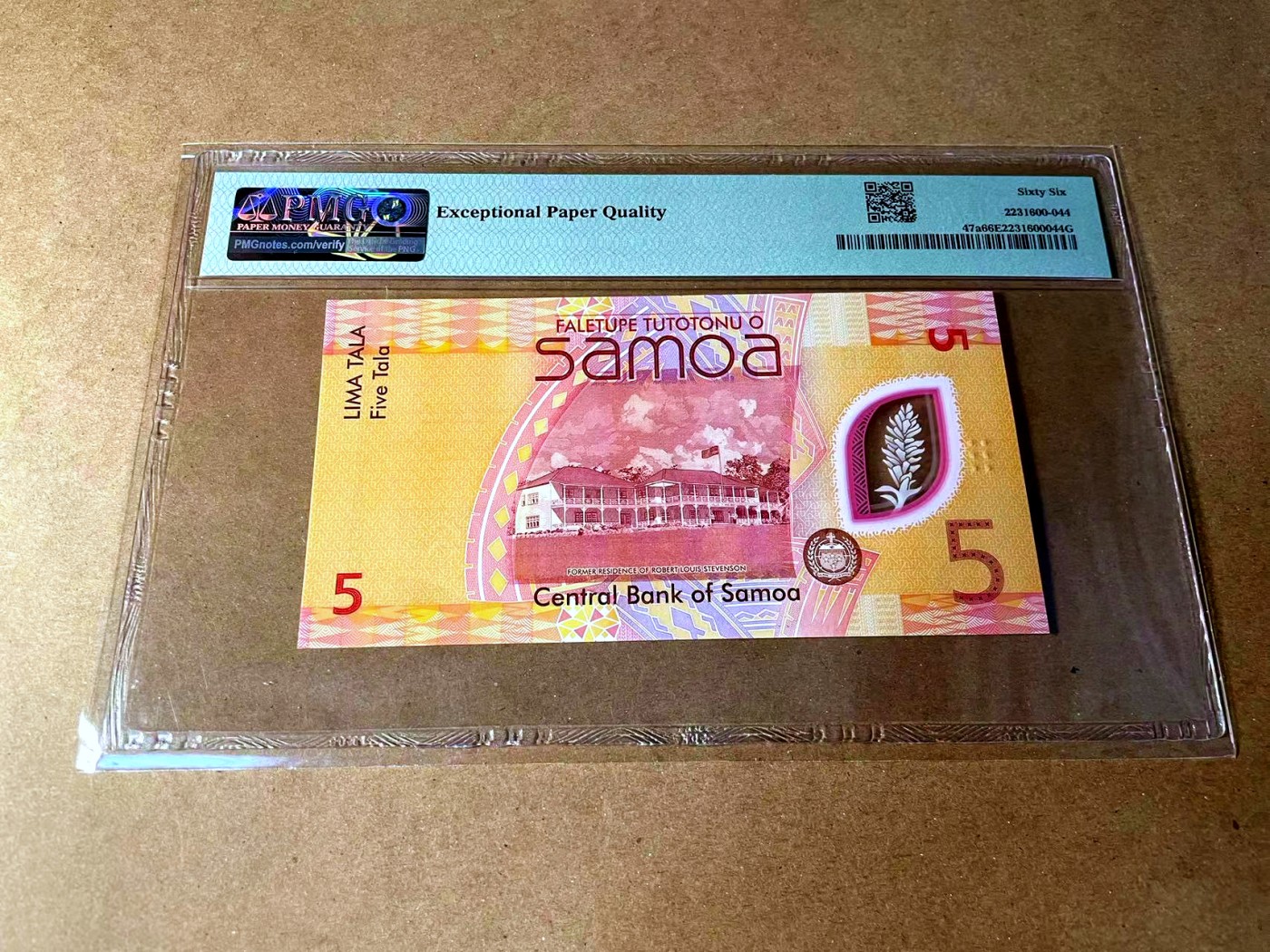 【Blue Auction】✨世界纸币精拍第458期——周六畅拍场 【AA冠 1866倒置号】萨摩亚 2023年5塔拉 PMG66EPQ