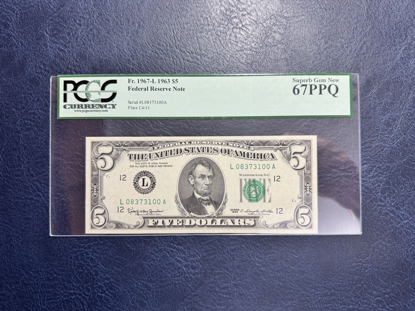 收藏联盟Quantum Auction 第336期拍卖  美国联邦储备1963年5元 PCGS67 号码无4双尾号