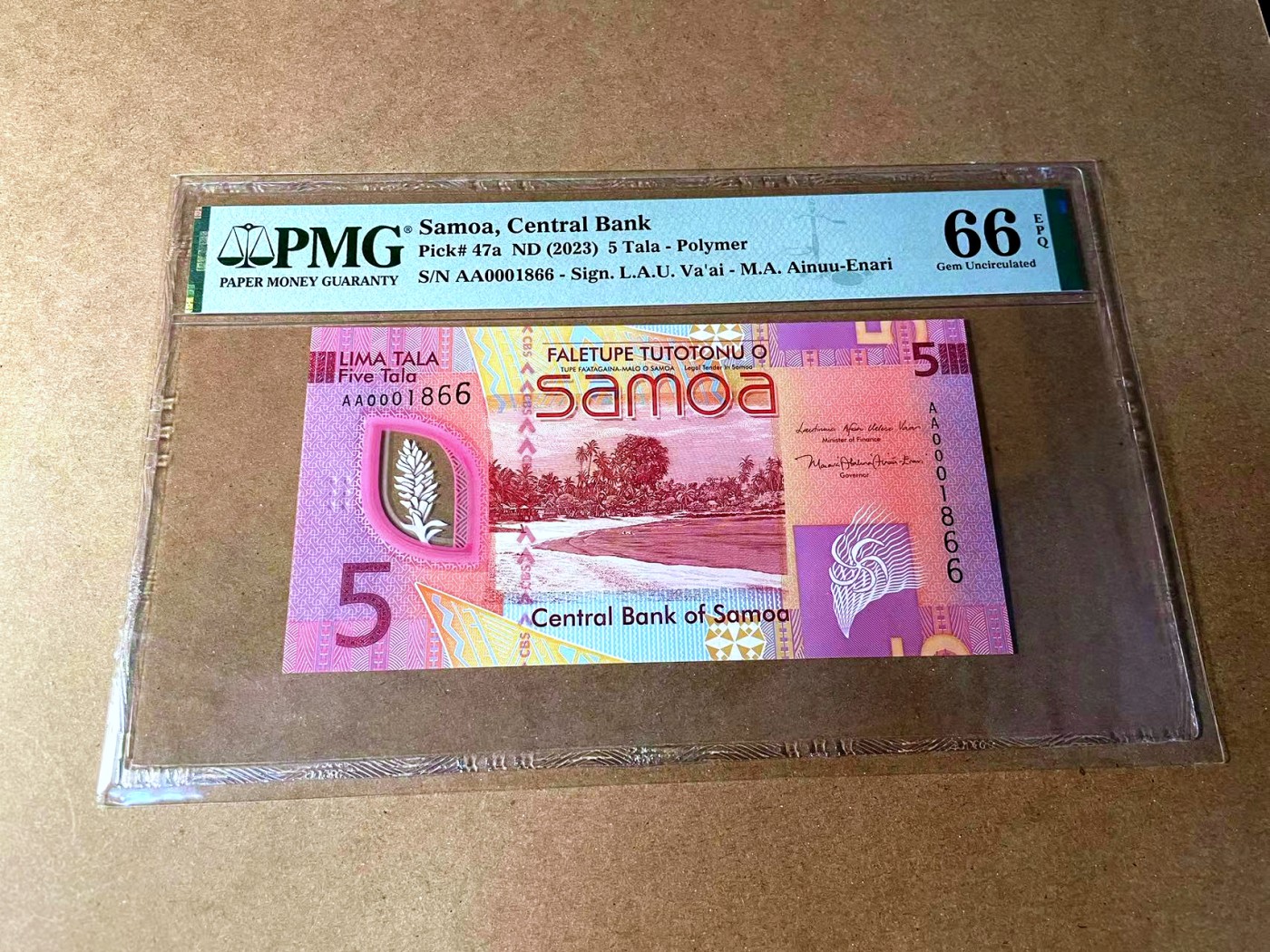 【Blue Auction】✨世界纸币精拍第458期——周六畅拍场 【AA冠 1866倒置号】萨摩亚 2023年5塔拉 PMG66EPQ