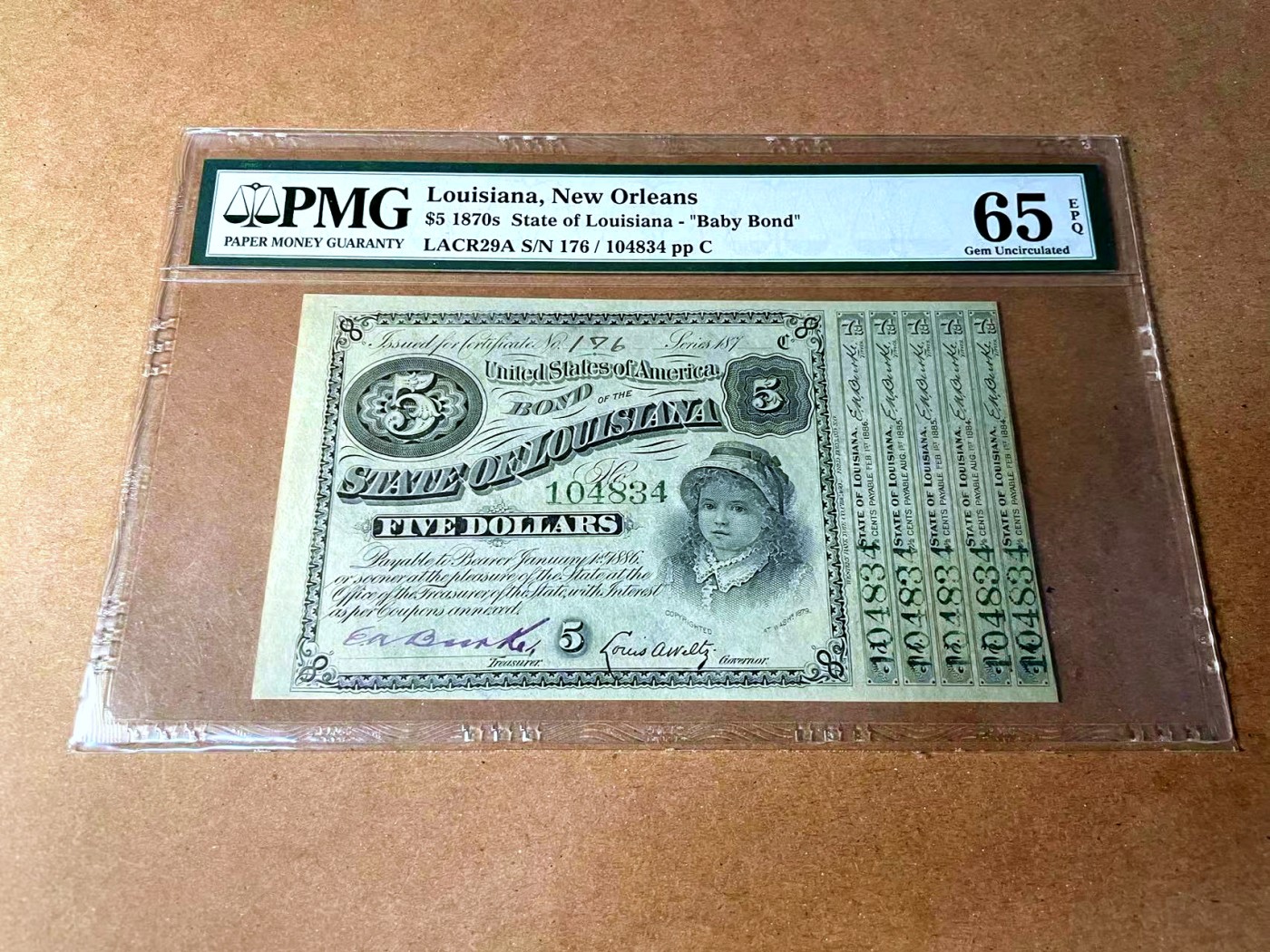 【Blue Auction】✨世界纸币精拍第458期——周六畅拍场 美国 路易斯安那州 1870年代5美金 PMG65EPQ baby bond