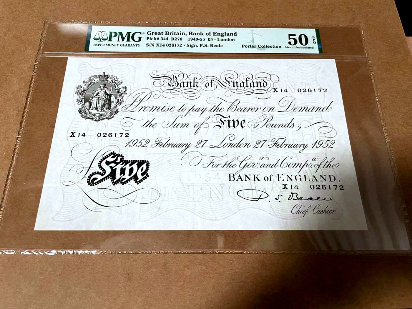 【Blue Auction】✨世界纸币精拍第458期——周六畅拍场 【名家旧藏】英国 1952年5镑 白色英镑 超大票幅 PMG50EPQ 原票 