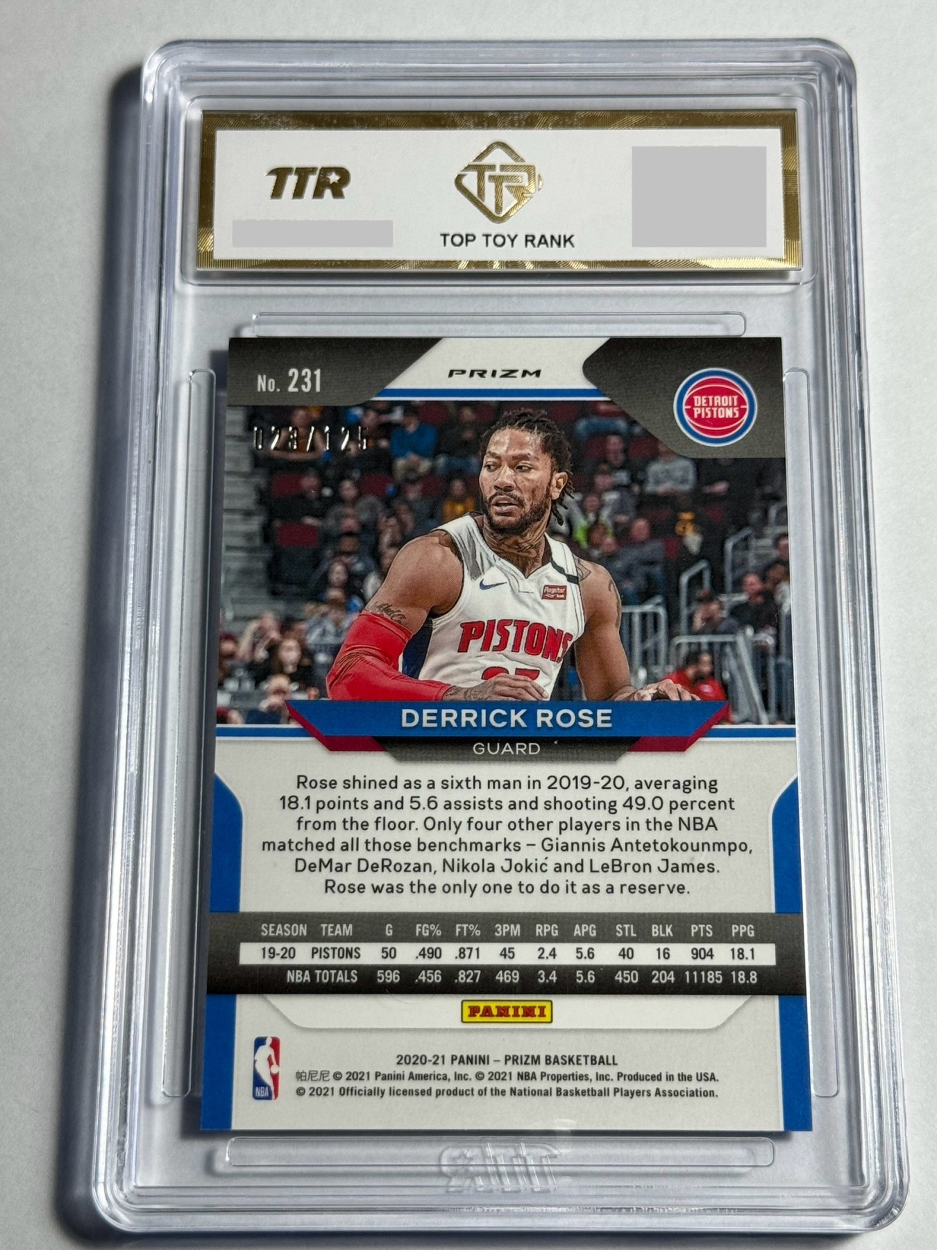 【德藏】卡牌拍卖第12期 ~【无每件最低收费！！！】 NBA 2020 PANINI PRIZM 底特律 活塞队 风城玫瑰 德里克·罗斯 125编 蓝碎冰折 TTR 9