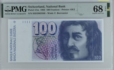 🐉甜小邱世界纸币收藏🐉💐第108期🐲 - 无47尾8靓号 PMG68 瑞士 100法郎 1993