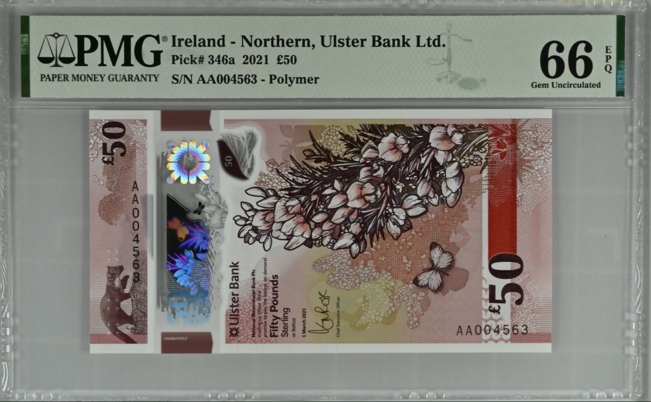 🐉甜小邱世界纸币收藏🐉💐第108期🐲 AA首发冠千位号  PMG66 北爱尔兰 50镑 Ulster银行 2021