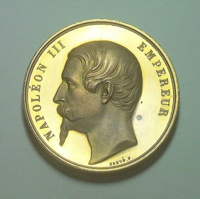 法国1859年 拿破仑三世精制高浮雕大镀金章 原盒 50MM - 法国1859年 拿破仑三世精制高浮雕大镀金章 原盒 50MM