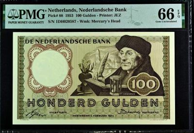 【Blue Auction】✨世界纸币精拍第459期——周日畅拍场 - 荷兰 1953年100盾 伊拉斯谟 升值品种 PMG66EPQ 
