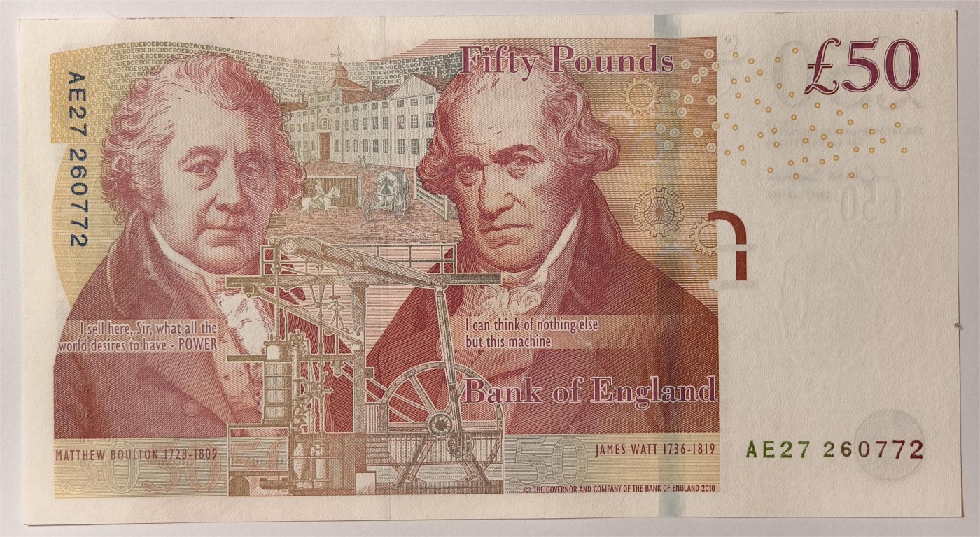 紫瑗钱币——第335期拍卖——纸币场 英国2010年 F序列 工程师瓦特(蒸汽机发明者)和其推广合作者博尔顿 50镑 UNC