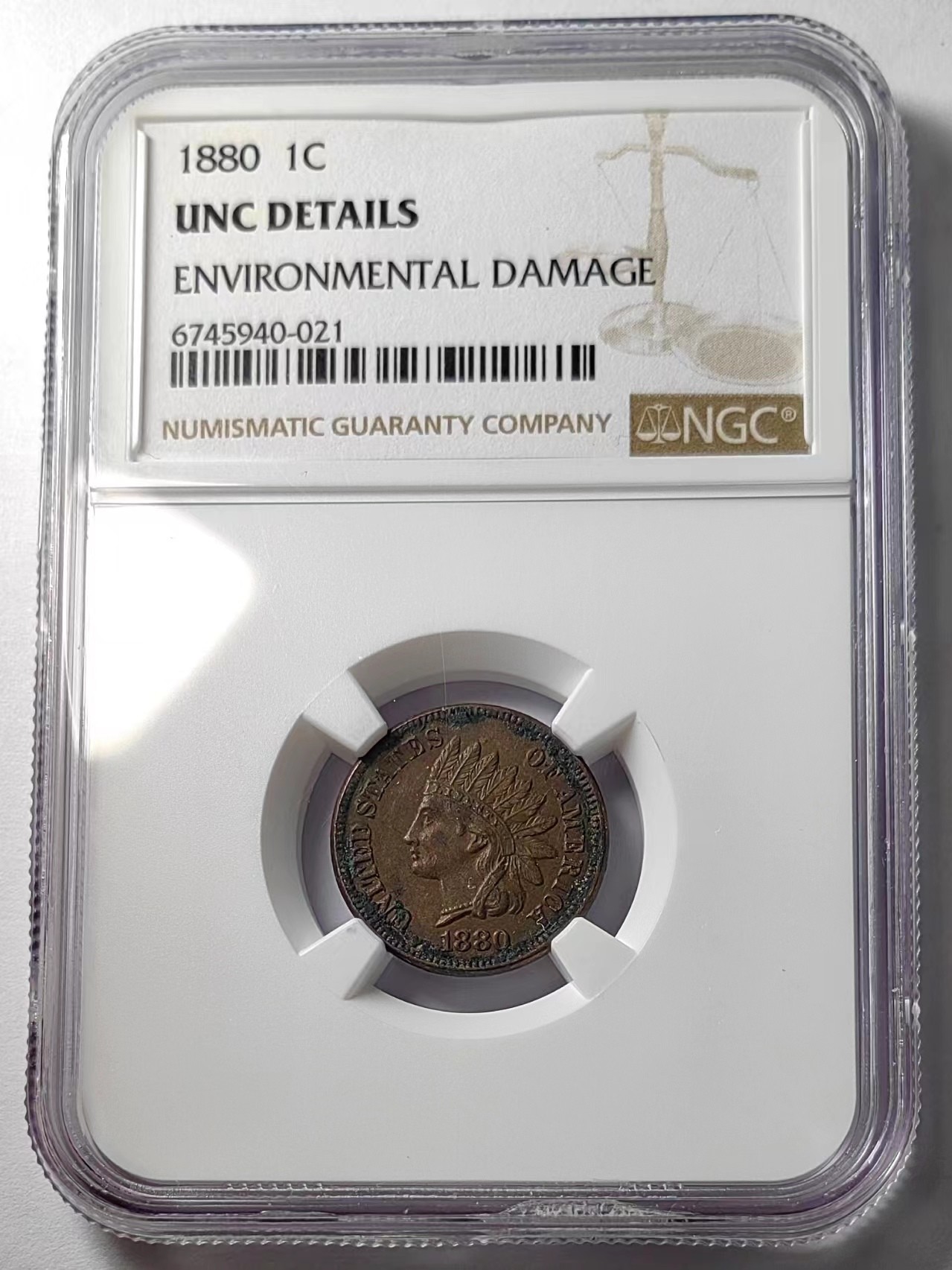 🌿物与斋第七场｜觞咏三春2-世界钱币专场 NGC UNCD 美国1880年印第安美分，带原铜光，原始包浆细节好