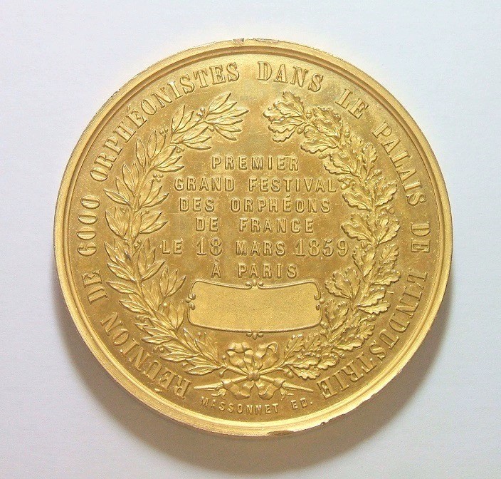 法国1859年 拿破仑三世精制高浮雕大镀金章 原盒 50MM