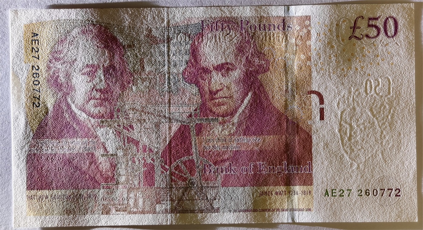 紫瑗钱币——第335期拍卖——纸币场 英国2010年 F序列 工程师瓦特(蒸汽机发明者)和其推广合作者博尔顿 50镑 UNC