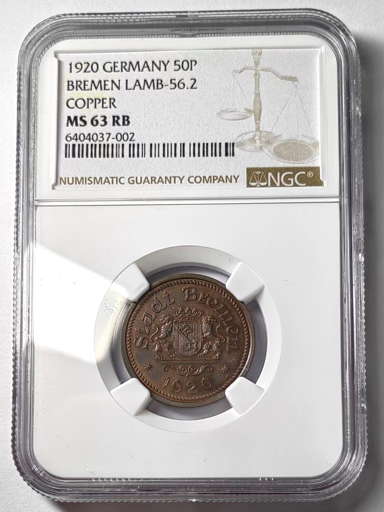 🌿物与斋第七场｜觞咏三春2-世界钱币专场 NGC MS63RB 德国紧急状态硬币1920年不莱梅50芬尼铜样币，铸量50枚，打制深峻，底板镜面感强，铜光醇厚，重量级铜样，与下一枚流通版对比，样币风采显然