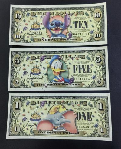 迪士尼纪念钞 2005 年整套 D 冠 1-5-10 美元三个面值 - 迪士尼纪念钞 2005 年整套 D 冠 1-5-10 美元三个面值